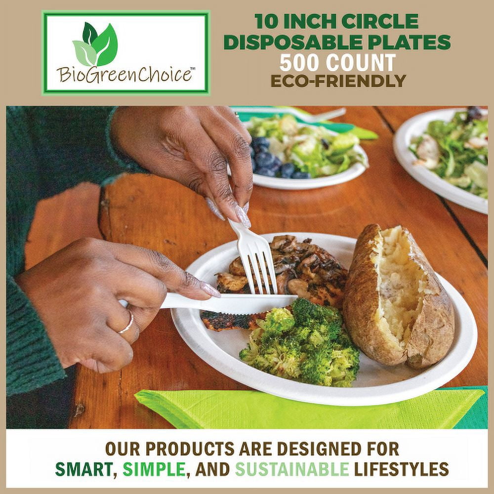 BioGreenChoice Eco-Friendly White 10 in. PFAS-FREE Fiber/Bagasse Disposable Plates (500 count), Heavy Duty Paper Plates- Microwave safe (10 inch)