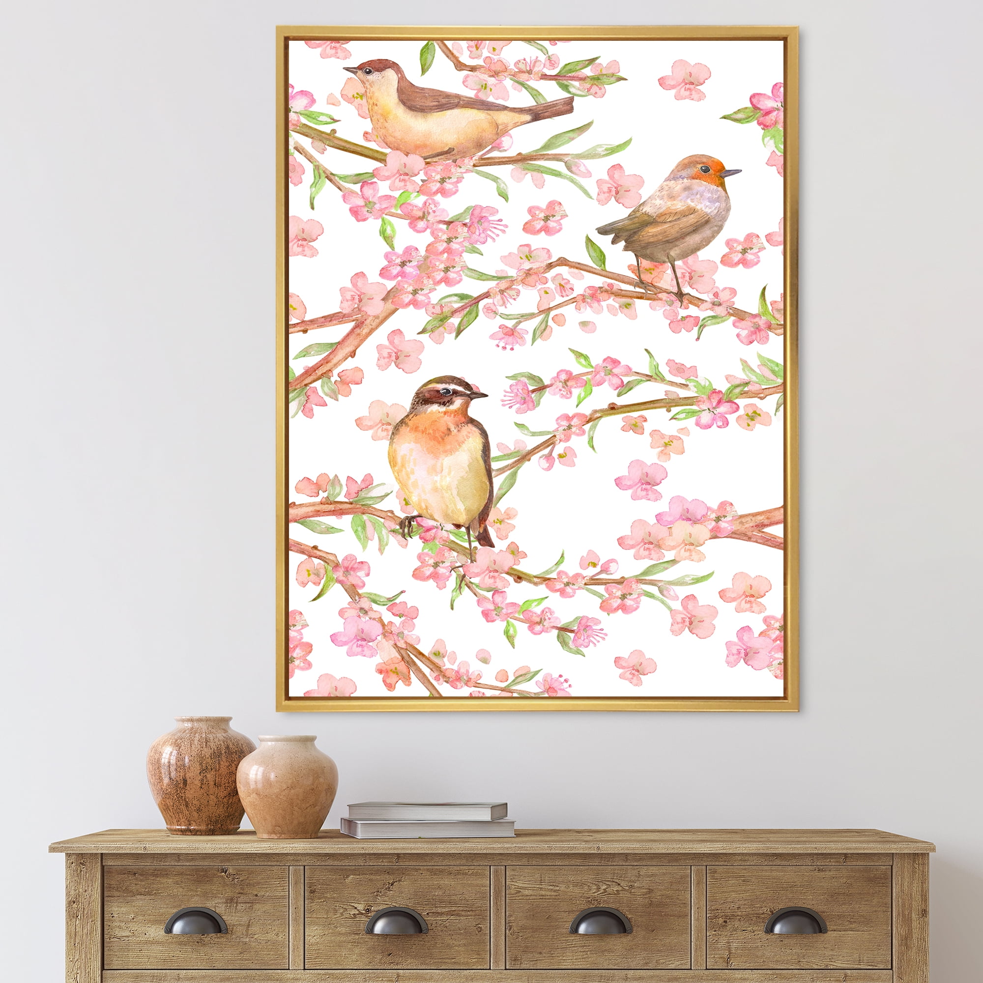 Designart 'Lovely Birds On Branches Of Flowering Almond' Traditional Framed Canvas Wall Art Print