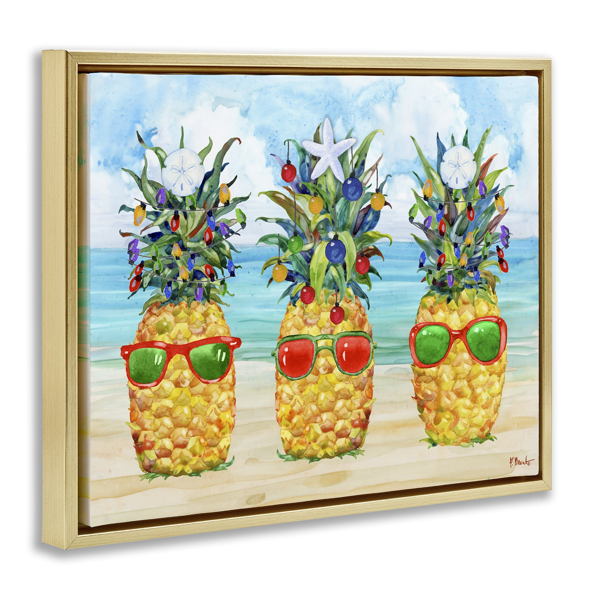 Stupell Industries Christmas Themed Pineapples Holiday Painting Gold Floater Framed Art Print Wall Art, 21 x 17