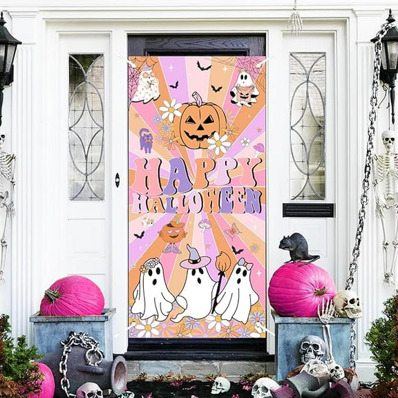 Groovy Halloween Decorations Happy Halloween Vintage Door Cover Decorations Groovy Retro Boho Halloween Decor with Rainbow Ghost Pumpkin Bat Pattern for Hippie Groovy Halloween 60s Party