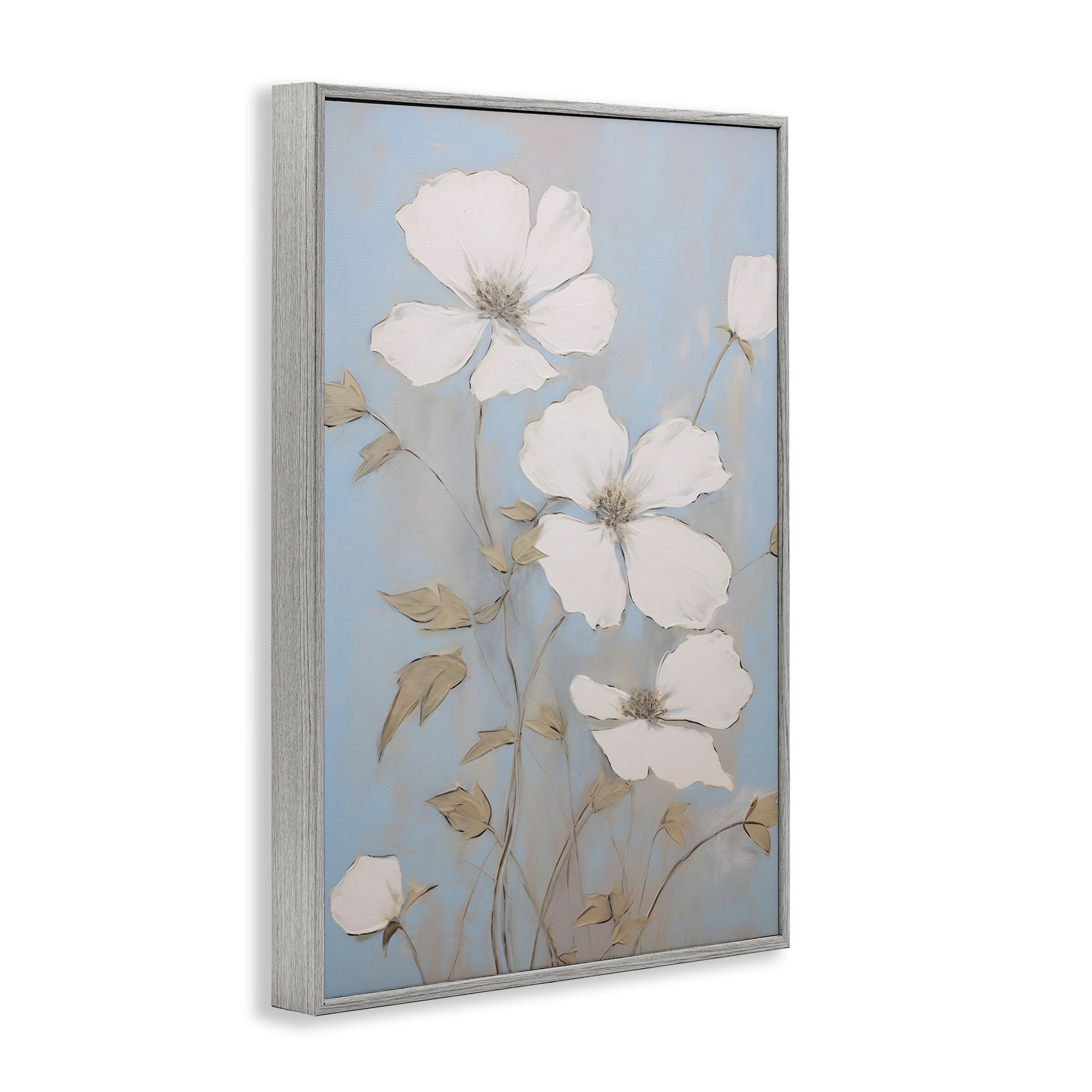 Stupell Industries White Petal Flowers Botanical & Floral Painting Gray Framed Art Print Wall Art, 12 x 18