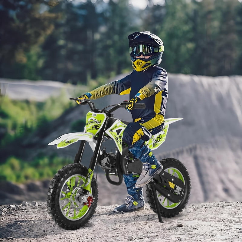 Floseru Gas Dirt Bike Kids 49cc, Gas Dirt Bikes for Kids 6-12, 2-Stroke Gas Motorcycle with Front Rear Disc Brakes, Kids Motorcycle with Off-Road Tires, Shock Absorption Springs, Soft Seat Cushion