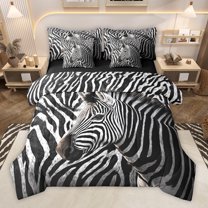 Homewish Geometric Zebra Striped 7-Piece Bedding Comforter Set,Wild Animal Zebra King Bedding Sets,White Black Bed Sheets For Boys Teens,Luxury Bedroom Decor Reversible