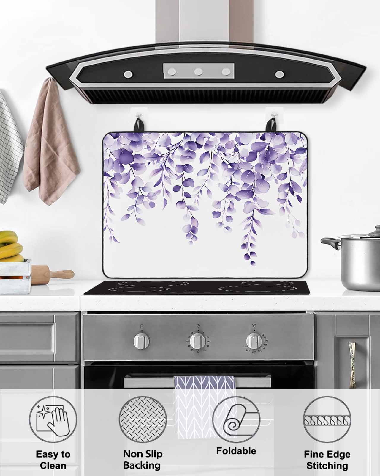 nqOlkjepod Large Induction Cooktop Protector Mat 36"x21", Purple Eucalyptus Leaves Stove Top Covers for Electric Stove, Watercolor Spring Botanical Stove Burner Cover Mats, Glass Top Stove Cover