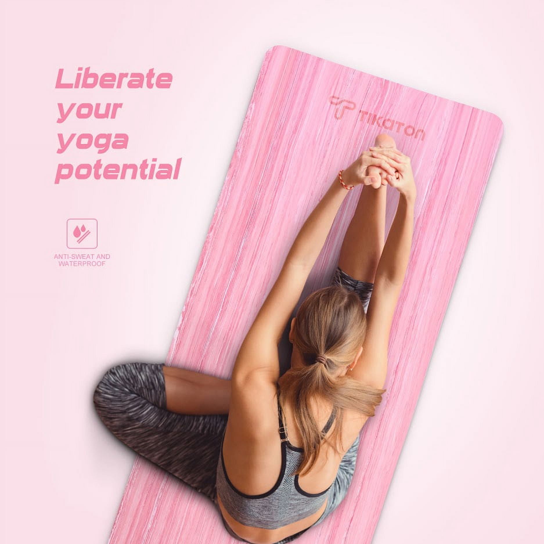 Tikaton Yoga Mat, Eco Friendly POE Yoga Mat Non-Slip Exercise & Fitness Mat with Carrying Strap, Workout Mat 1/4 inch 72" L x 24" W(Pink)