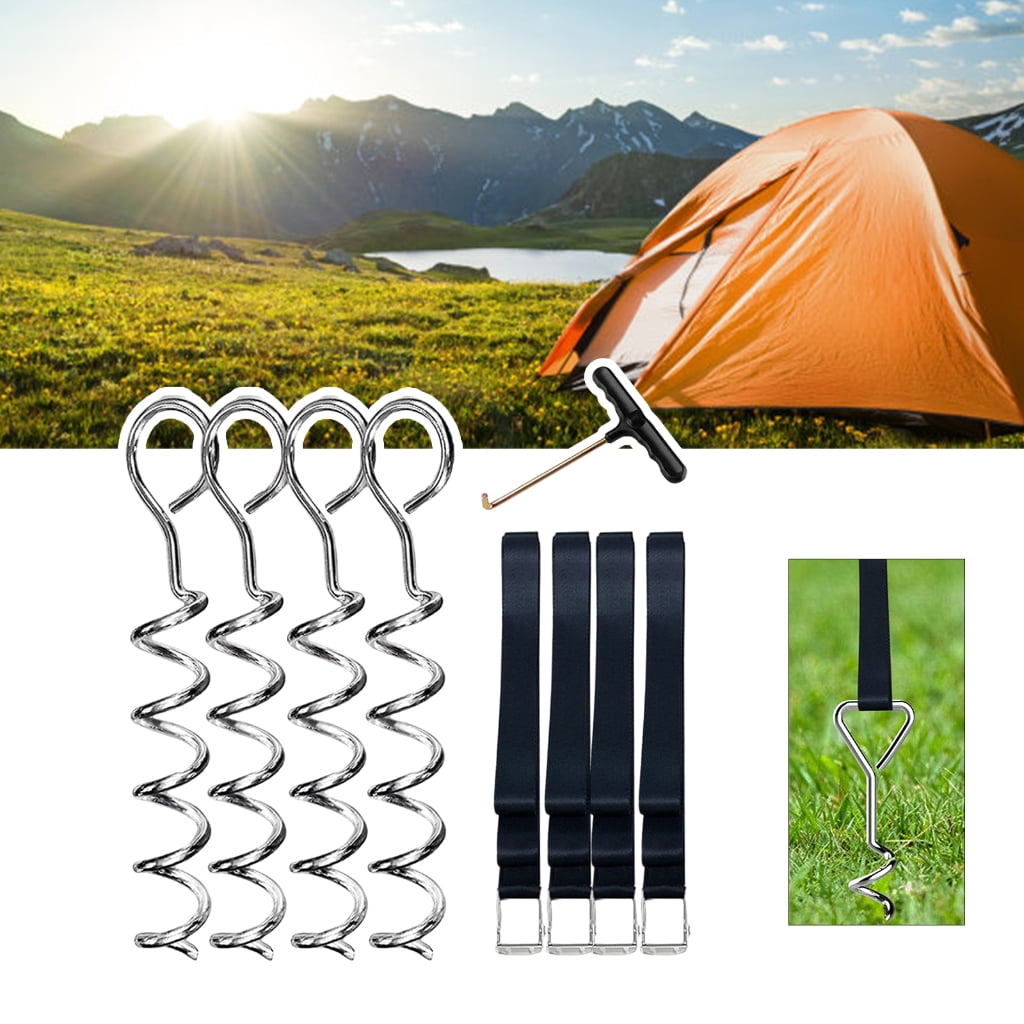 4Pcs Tent Stake Anchors with Strap Portable Trampoline Stakes Tie Down Spirals Ground Anchors Stake Tent Accessories