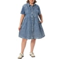 thumbnail image 5 of Agnes Orinda Women's Plus Size Babydoll Denim Dress Button Down Lapel Short Sleeves Casual Jean Shirt Dresses with Pockets 3X Blue Snow Wash, 5 of 8