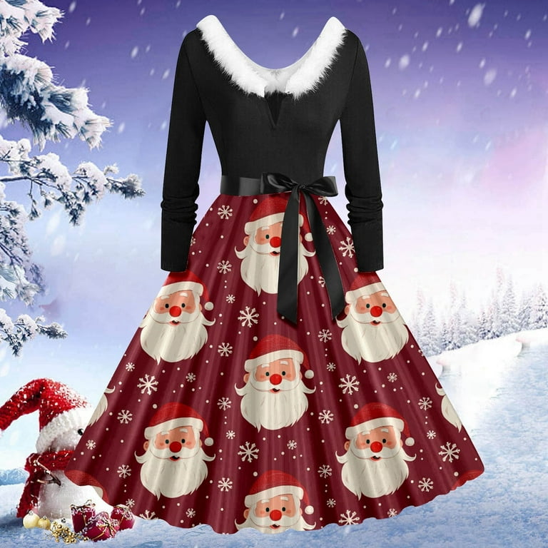 IWRICH Christmas Dresses for Women V Neck Pleated Prom Velvet Xmas Long  Sleeve Cocktail Party Winter Dress with Belt D XXL - Walmart.com
