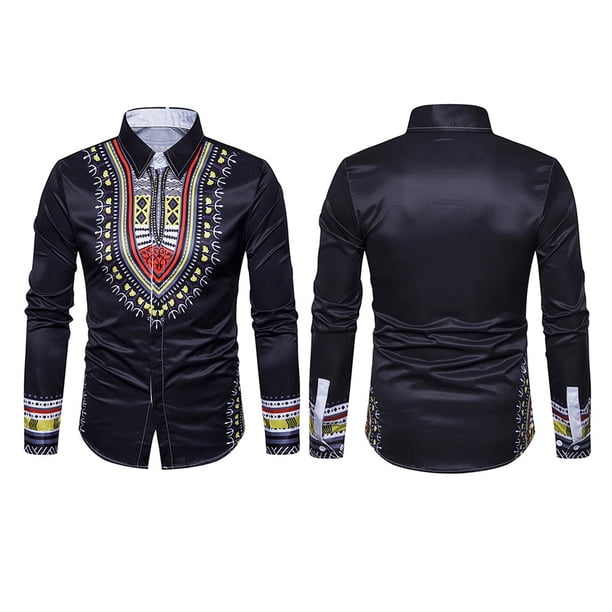 Camisa Étnica De Manga Larga Con Estampado De Tótem Informal Con Cuello Vuelto Para Hombre (Negro Xl)-202945.08 Likrtyny Caballero