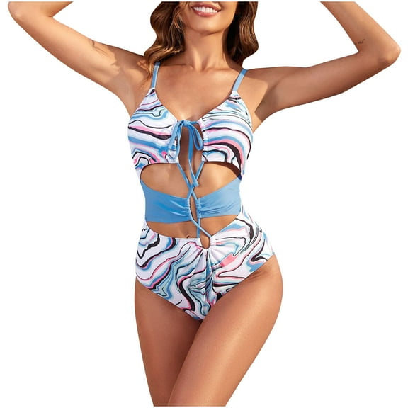 Womens Swimsuits Pimelu Bathing Suit for Women One Piece Swimsuit High Waist Bathing Suit for Women Fashion Marbled Print Cut out Strap Bikini Summer Beach Halter Monokini Swimwear