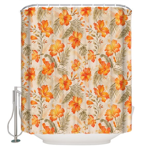 Tropical Plants Bathroom Shower Curtains with 12 Hooks Polyester Waterproof Shower Curtain for Stalls and Bathtubs Vintage Country Summer Orange Floral Leaf Decorative Bathroom Curtain 36x72 Inches