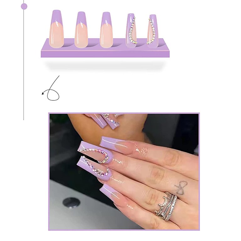 French Tip Press on Nails Long with Rhinestone Designs, 3D Luxury