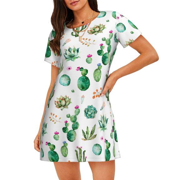 Cactus Pattern Women'S Nightgown Sleepwear Short Sleeves Nightshirt Loose Comfy Pajama Large