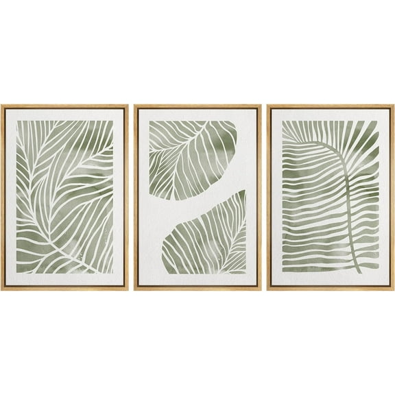 IDEA4WALL Framed Canvas Print Wall Art Set of 3 Retro Abstract Jungle Green Pastel Plants Wall Decor Nordic Nature Wilderness Botanical Prints Minimal Bohemian Artwork - Natural 24"x36"x3