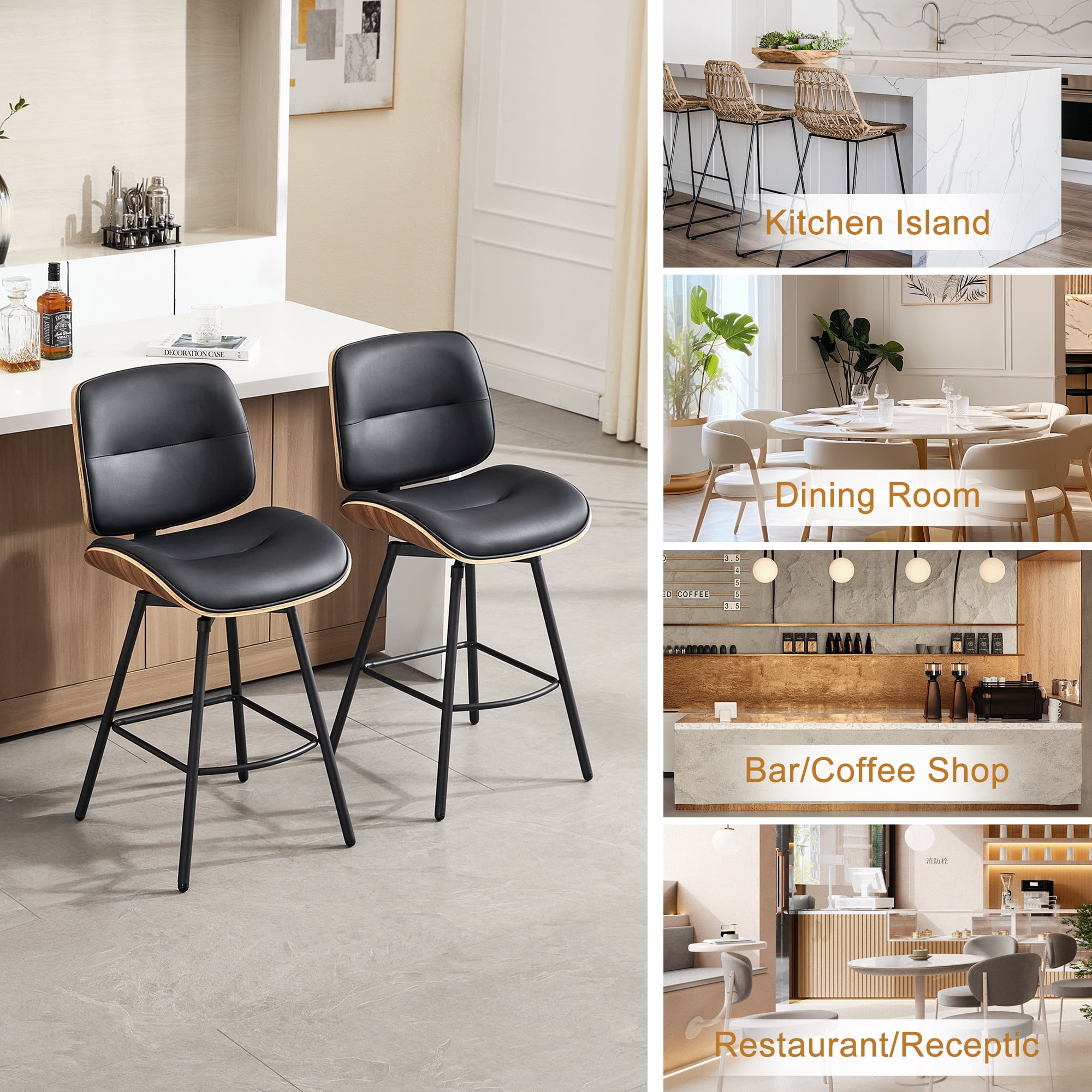 Counter Height Bar Stools Set of 2, 26" Swivel PU Leather Upholstered Bar Stools with Walnut Backs and Metal Legs, Retro Counter Stools for Kitchen Island, Dining Room, Pub, Black