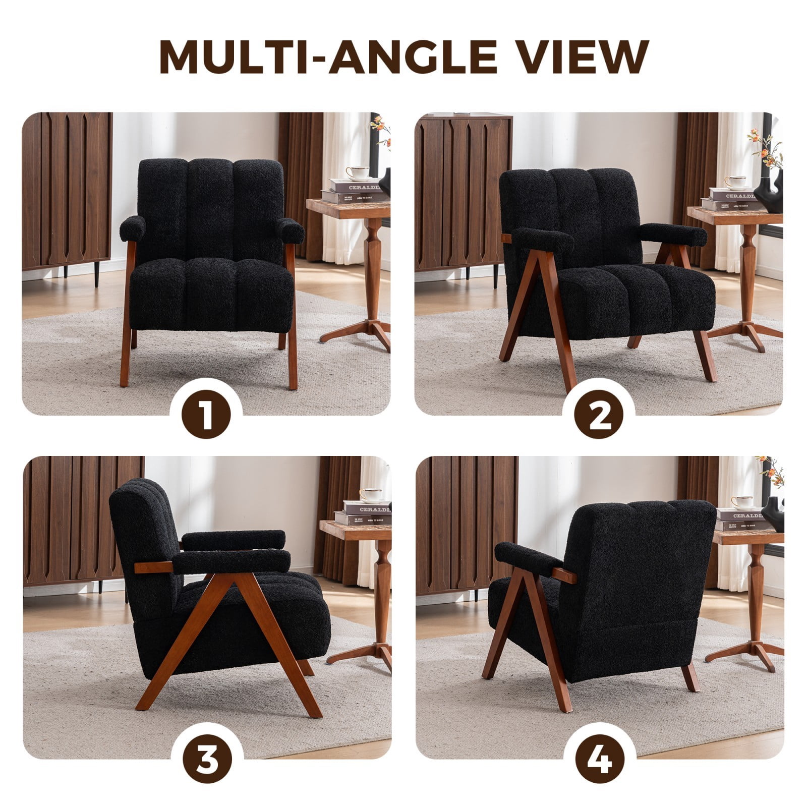 Mid-Century Modern Accent Chair Cloud-Shaped Chenille Lounge Armchair with Solid Oak Wood Frame, Upholstered Reading Chair for Living Room Bedroom Balcony, Black
