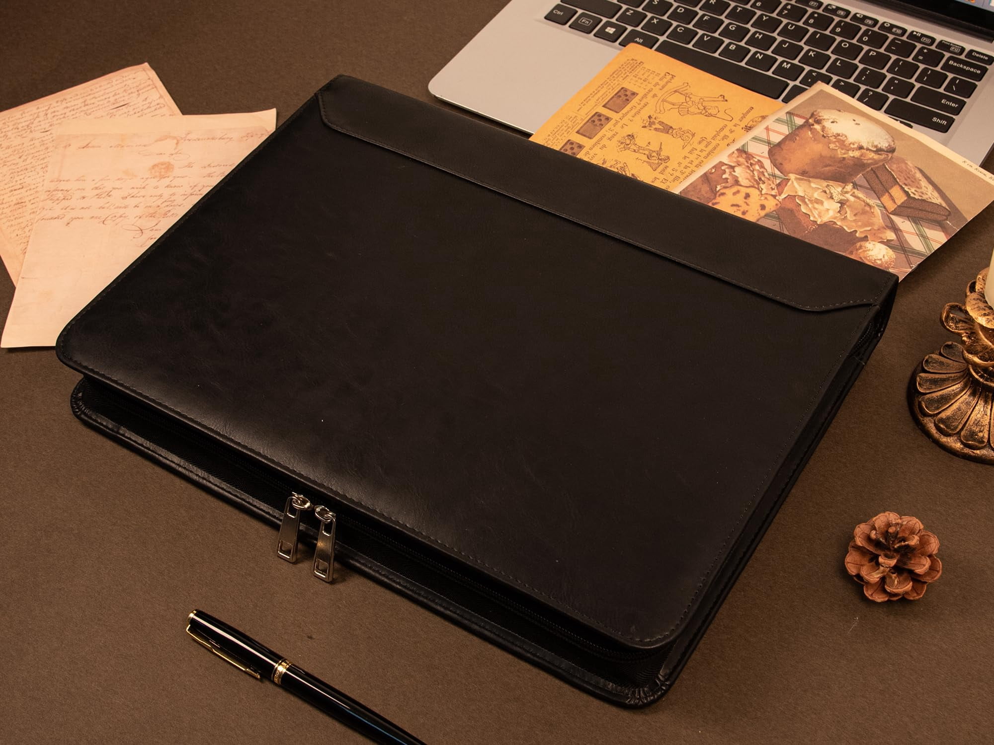 Premium Black Leather Business Binder – A4 Organizer with Pen Slots, Phone Holder & Multiple File Pockets – Perfect for Office, Meetings & Professionals