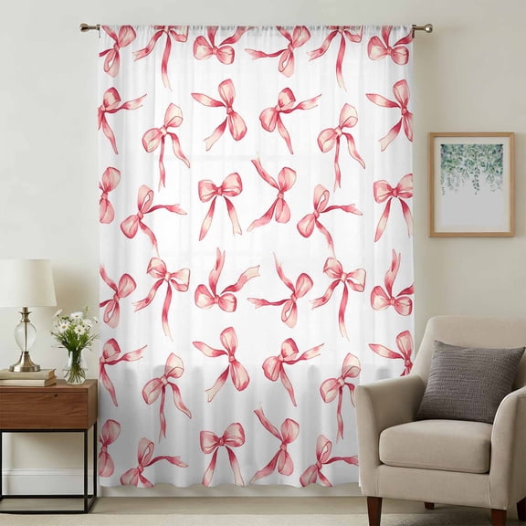 Pink Bow Ribbon Sheer Curtains 72 Inches Long, Vintage Modern Art Bowknot Light Filering Curtains, Breathable Simi Curtain Privacy Drapes for Living Room Bedroom Lightweight Window Treatment