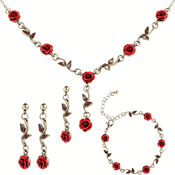 DESIGNICE 3 Pcs Red Rose Jewelry Set, Rose Flower Pendant Necklace, Dangle Earrings, Bracelet, Alloy Red Jewelry Sets for Women Wedding Party Gift