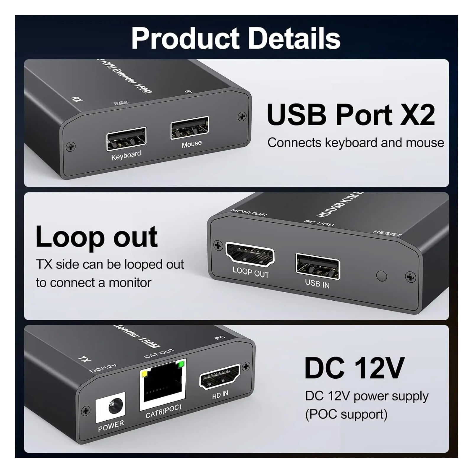USB KVM Extender Over Cat 6/7 1080P@60Hz KVM Extender 150M/492FT