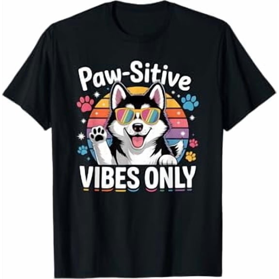 Vintage Siberian Husky Paw-sitive Vibes Only Cute Dog Lover T-Shirt