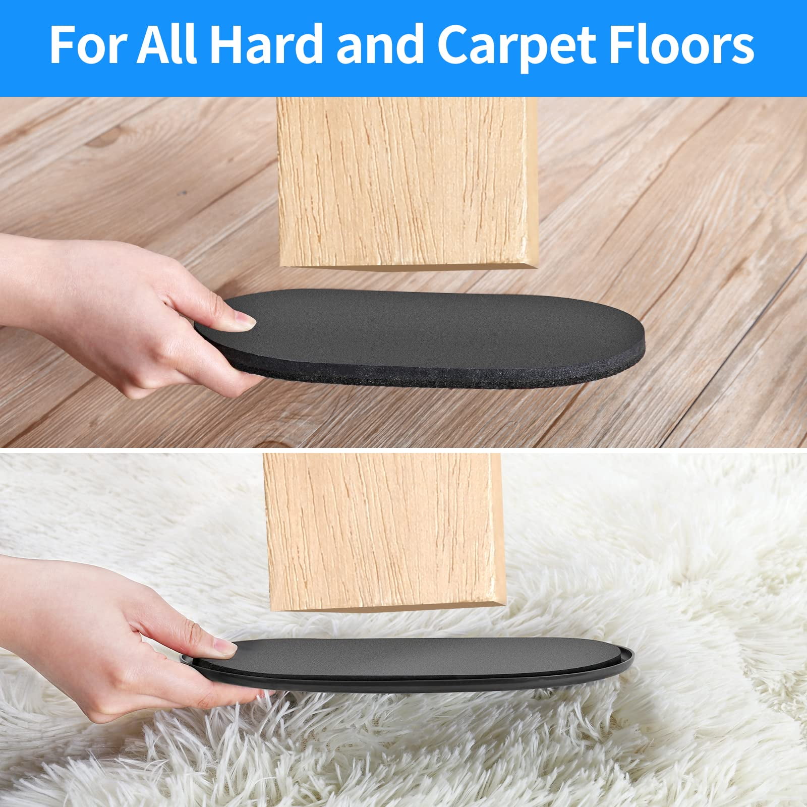 Ezprotekt 8 Pack Reusable Furniture Sliders for Carpet and Hardwood Floors, 9-1/2" x 5-3/4" Oval 4 PCS Felt Furniture Movers for Hard Surface, 4 PCS Moving Pads for Carpet (Black)