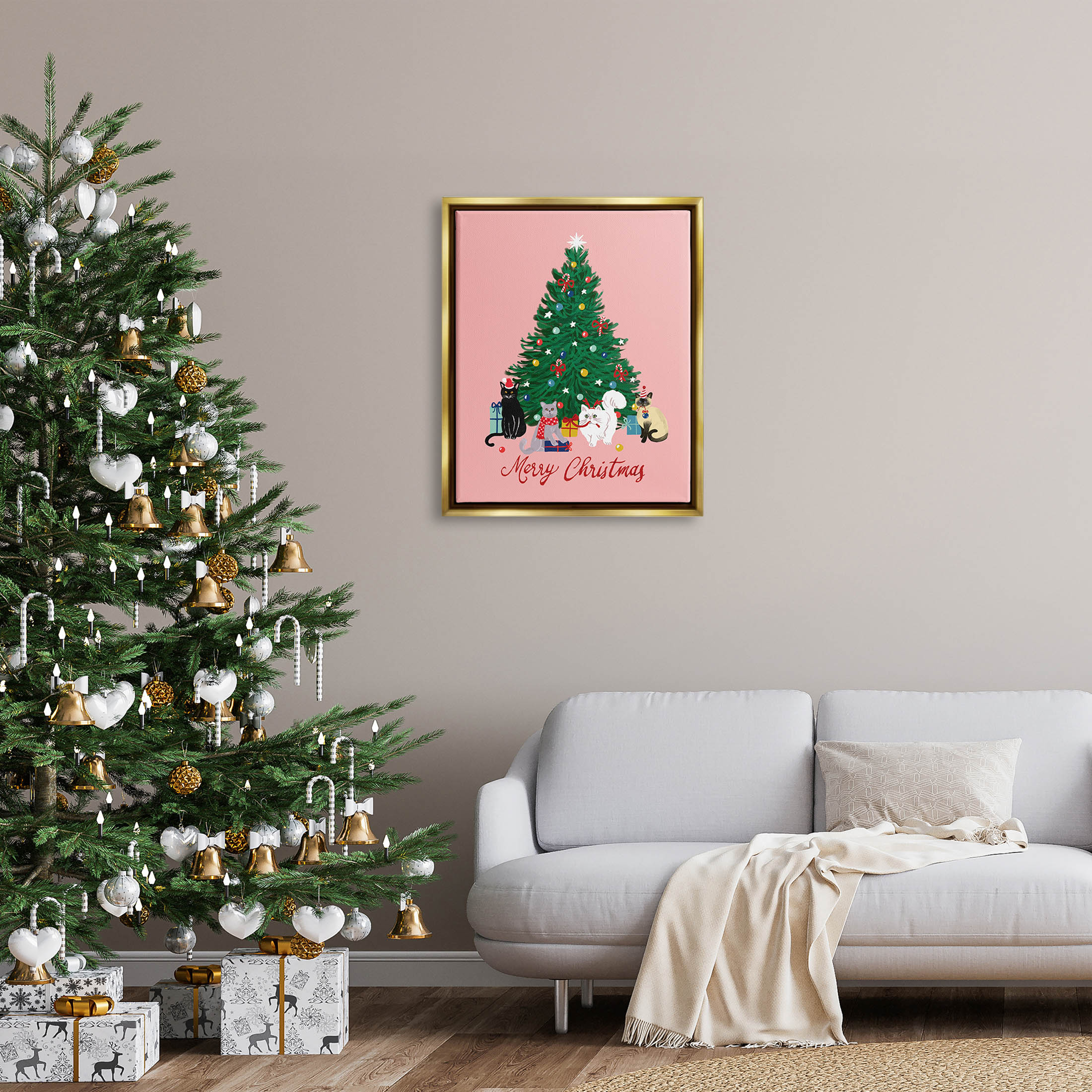Merry Christmas Holiday Cats Holiday Graphic Art Metallic Gold Framed Art Print Wall Art