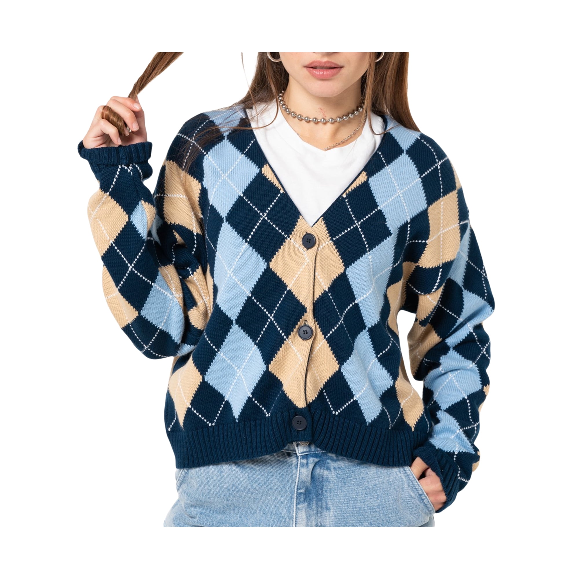 xiaxaixu Women Color Block Sweater, Argyle Print Long Sleeve V