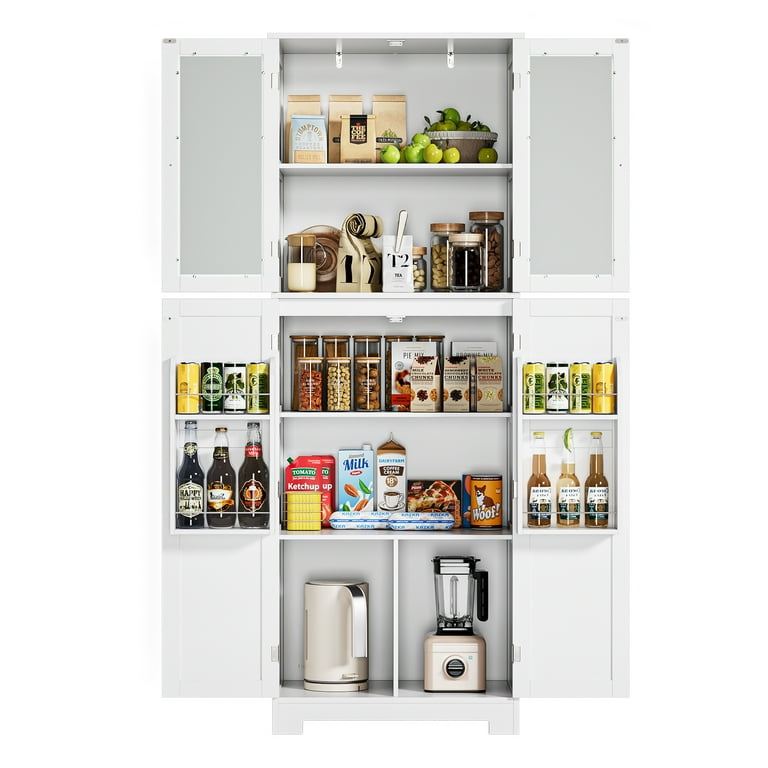 HOSTACK 67” Tall Kitchen Pantry Cabinet, Bathroom Storage Cabinet with  Glass Doors and Shelves, Freestanding Floor Cabinet Cupboard for Bathroom