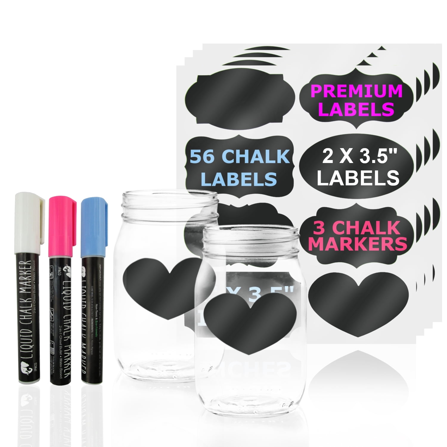 JPACO Chalkboard Labels for Jars 56 Premium Large Labels & 3 Erasable