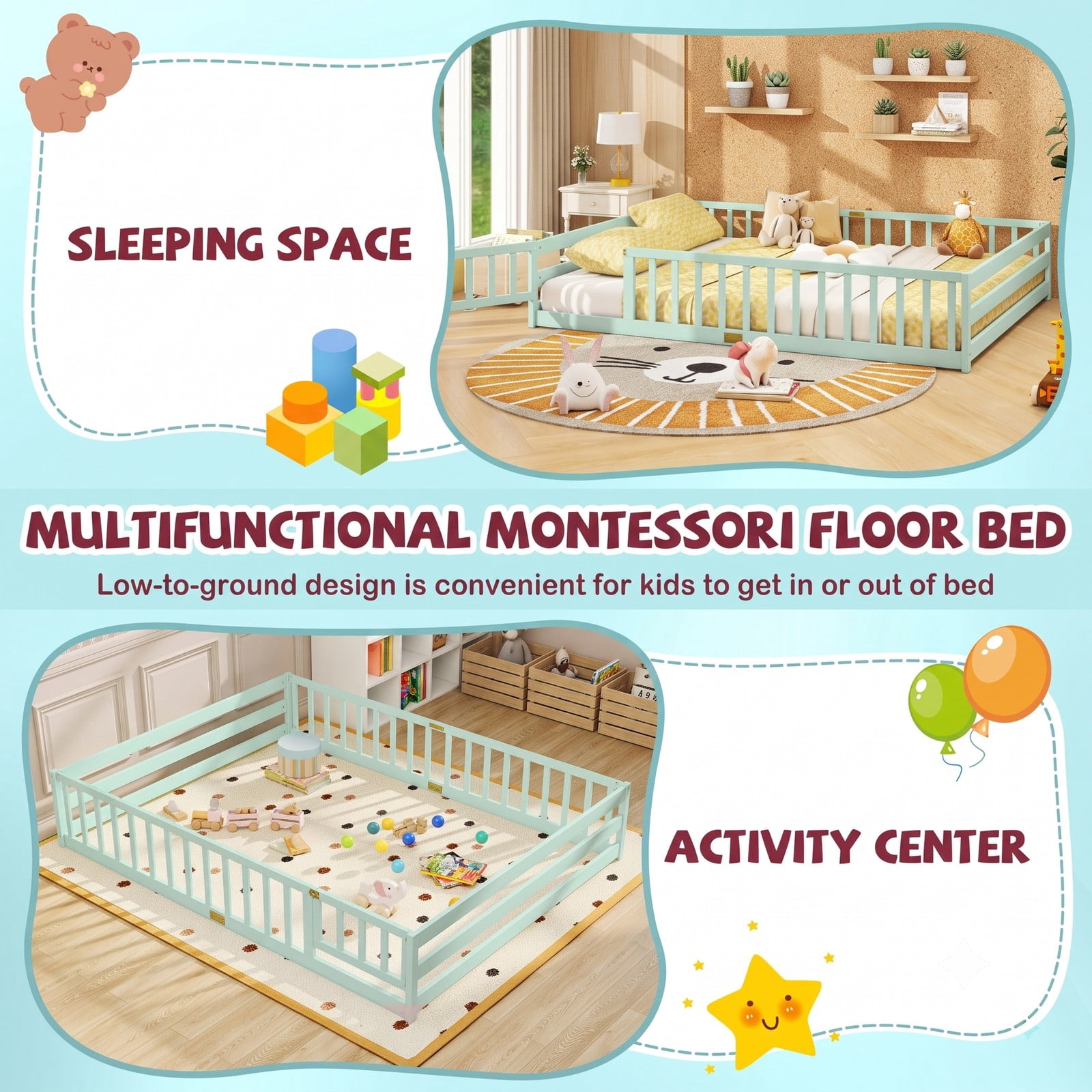 Furnibear Queen Bed Frame, Montessori Floor Bed with Full Length Safety Guardrails and Lockable Gate, Queen Wood Floor Bed for Kids Room, Mint Green