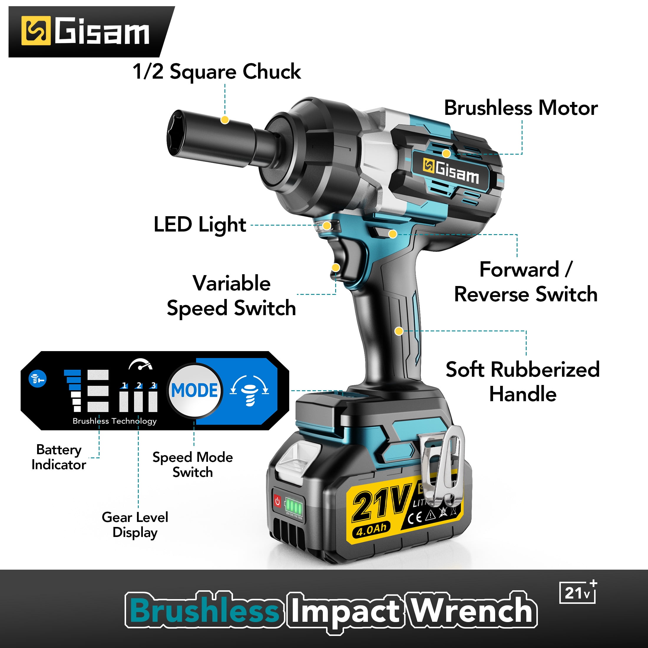 Gisam 1500N.m(1106 ft-lbs) Cordless Brushless Impact Wrench,1/2 inch Impact Gun with 2x4.0Ah Batteries & 6 Sockets Accessories ,Pistola De Impacto for Home Car Truck Tire