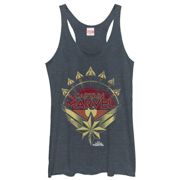 Women's Marvel Captain Marvel Retro Fighter Jet Plane  Racerback Tank Top Navy Blue Heather 2X Large