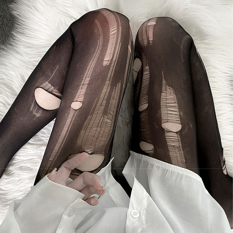 Women Pantyhose Sheer Great Elasticity Hollow Out Solid Color Sexy Ripped  Anti-dislodging Line Stockings for Daily Wear 