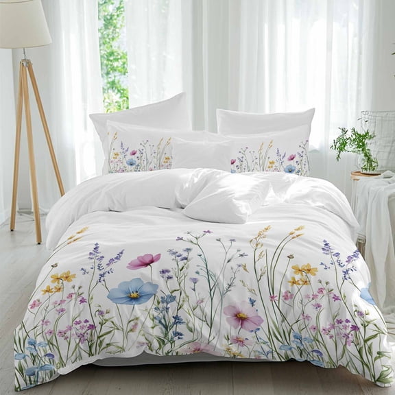 3 Piece Spring Floral Duvet Cover Set Queen Size, Microfiber Comforter/Quilt Cover with Corner Ties and 2 Pillowcases, Colorful Botanical Wildflower Summer All Season Soft Bedding with Zipper Closure