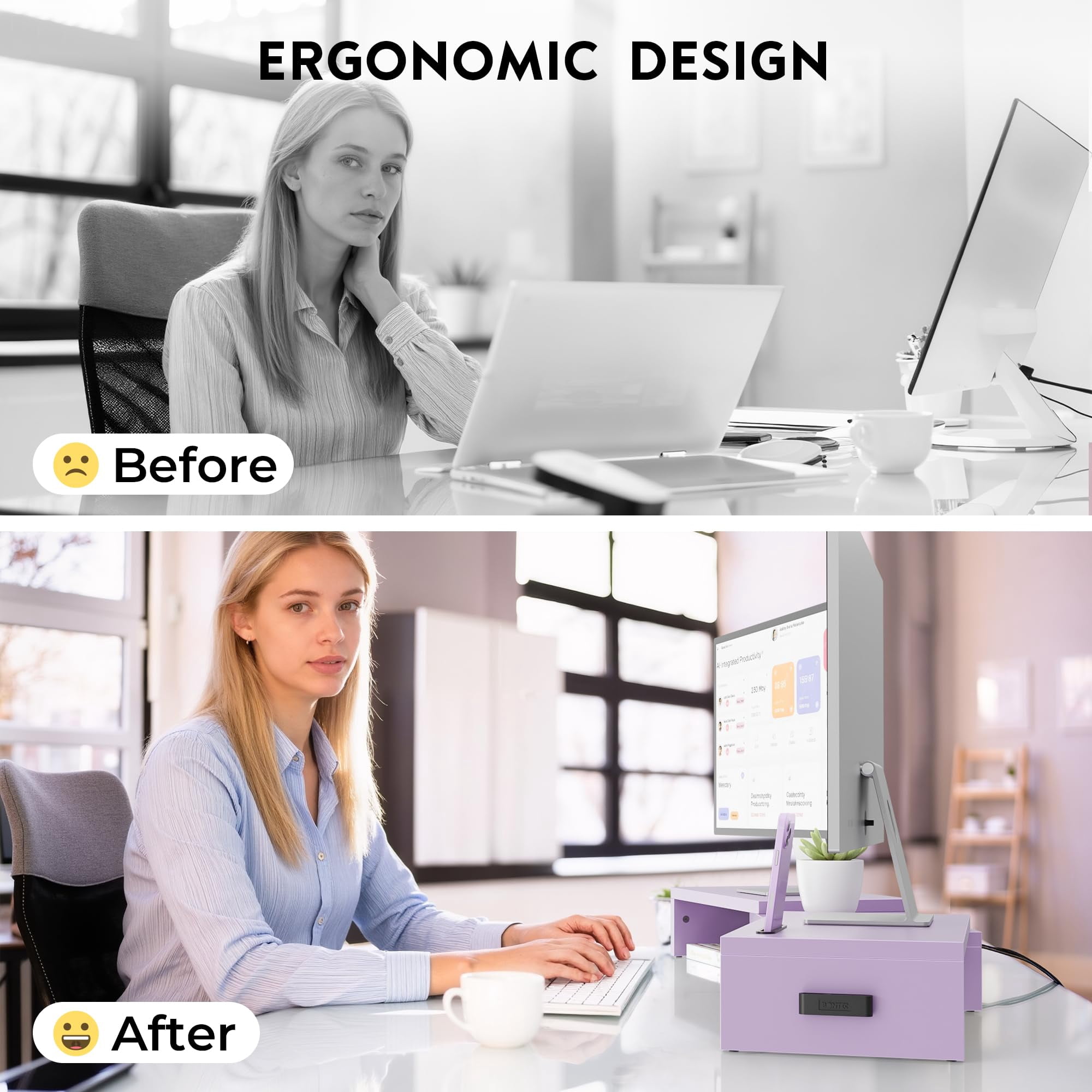 BONTEC Dual Monitor Stand Riser with Smartphone Holder, Adjustable Length & Swivel Angle, Ergonomic Wooden Desktop Organizer for PC Monitor, Laptop, Printer, Large Storage, Purple
