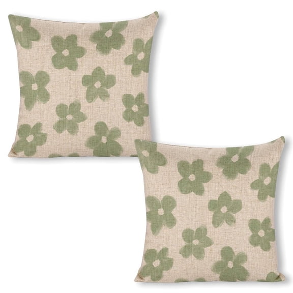 Sage Green Flowers Throw Pillow Covers 18X18 Set Of 2 Vintage Decorative Pillow Cases Outdoor Farmhouse Decoration For Sofa Couch Bed