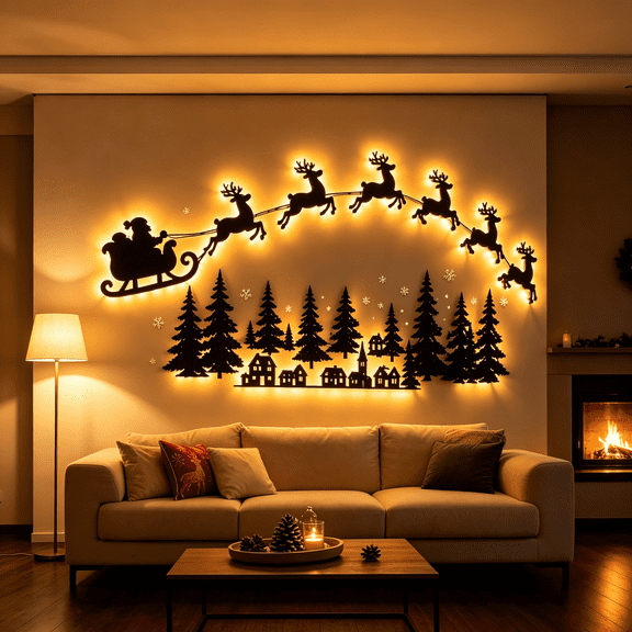 Clearance! Illuminated Wooden Reindeer Sleigh Wall Decor | Christmas Santa Sleigh Light | Cozy LED Backlight for Festive Home Decoration