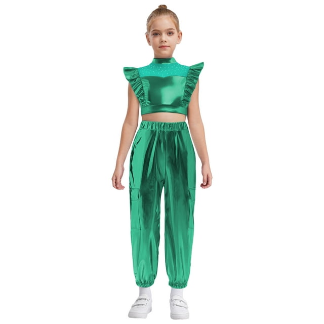 dPois Kids Girls Jazz Hip Hop Street Dance Performance Costume Ruffle Sparkle Crop Tops And Pants Set Green 16