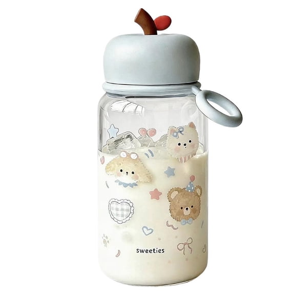 OADUKQ Cute Plastic Water Bottle, 20.3 Fl Oz Apple-Shaped Spillproof, School and Office Daily Hydration, Blue with Cute Bear