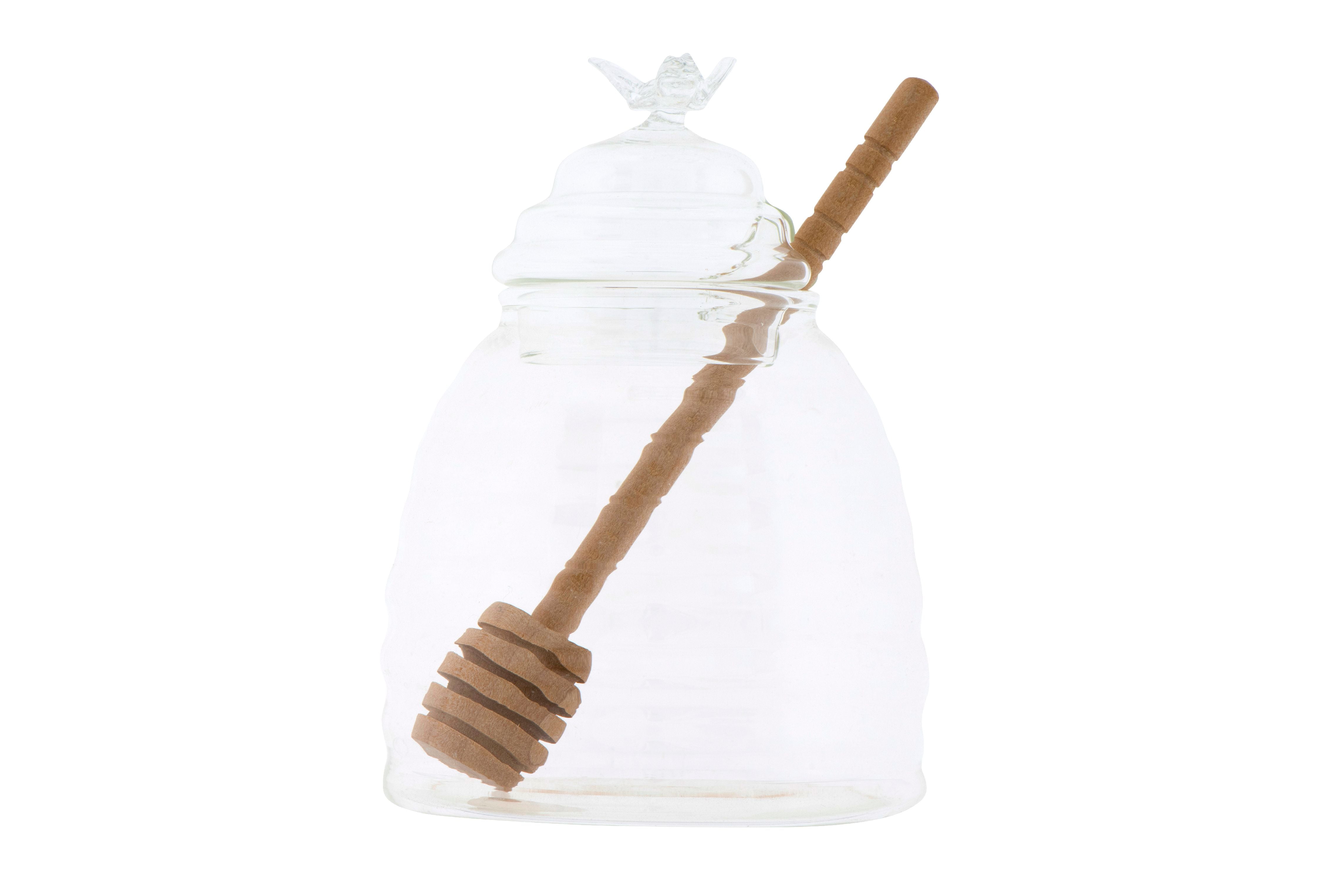 Creative CoOp Clear Honey Pot with Lid & Bamboo Dipper (Set of 2