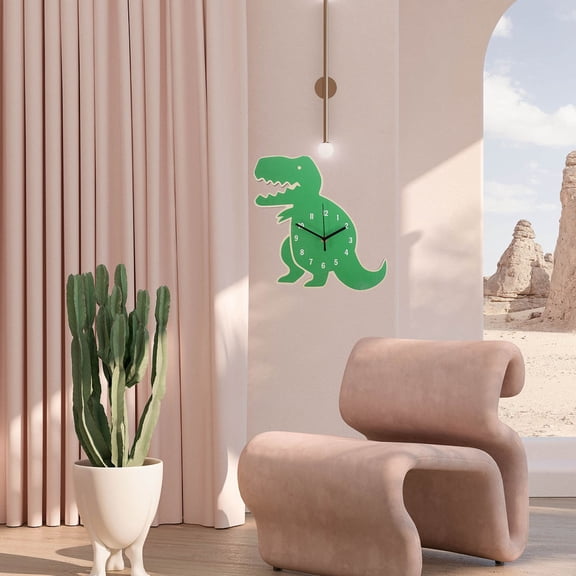 OUNONA Green Basswood Dinosaur Clock Silent for Home Easy Installation