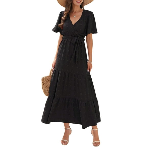 Boho Dot Summer Maxi Dresses for Women Wrap V Neck Short Sleeve Long Flowy Church Wedding Guest Dress Black XL