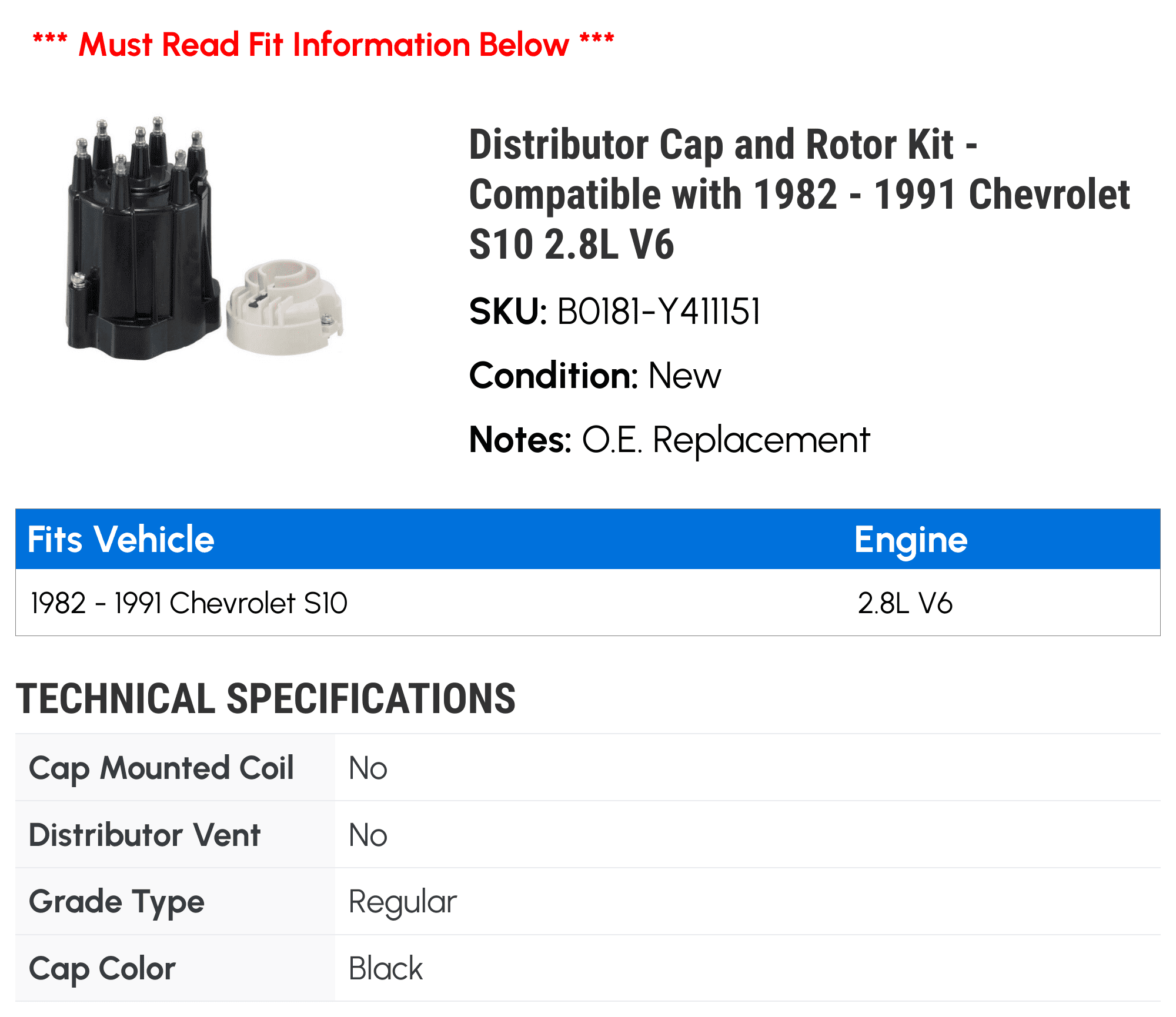 Distributor Cap and Rotor Kit - Compatible with 1982 - 1991 Chevy S10 2.8L V6 1983 1984 1985 1986 1987 1988 1989 1990