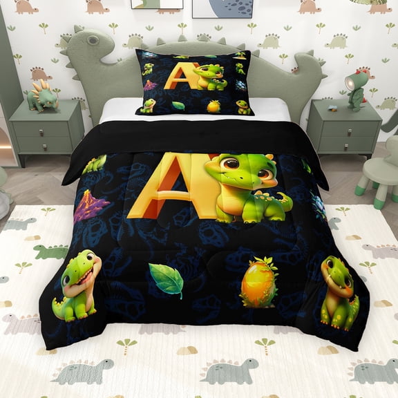 Erosebridal Kids Dinosaur Twin Comforter Sets for Boys Girls, Dino Letter A Bedding Set, Black Reversible 2-Piece, 1 Comforter and 1 Pillowcase