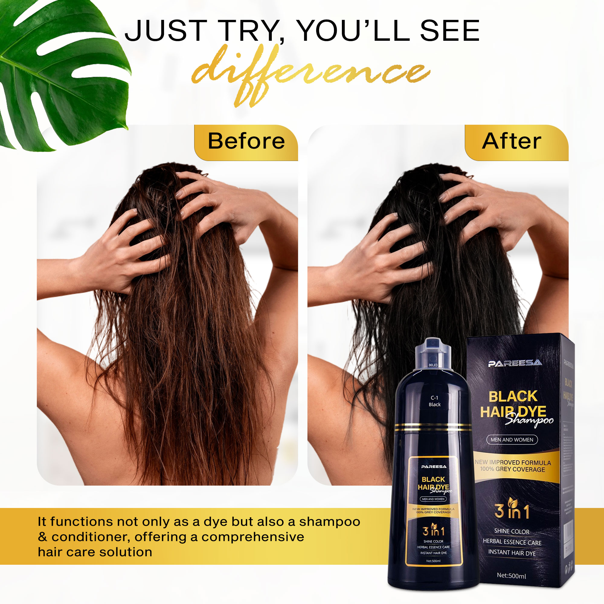 PAREESA Black Hair Dye Shampoo 3 in 1 for Grey Hair - Hair Color Shampoo for Women & Men - 500ML