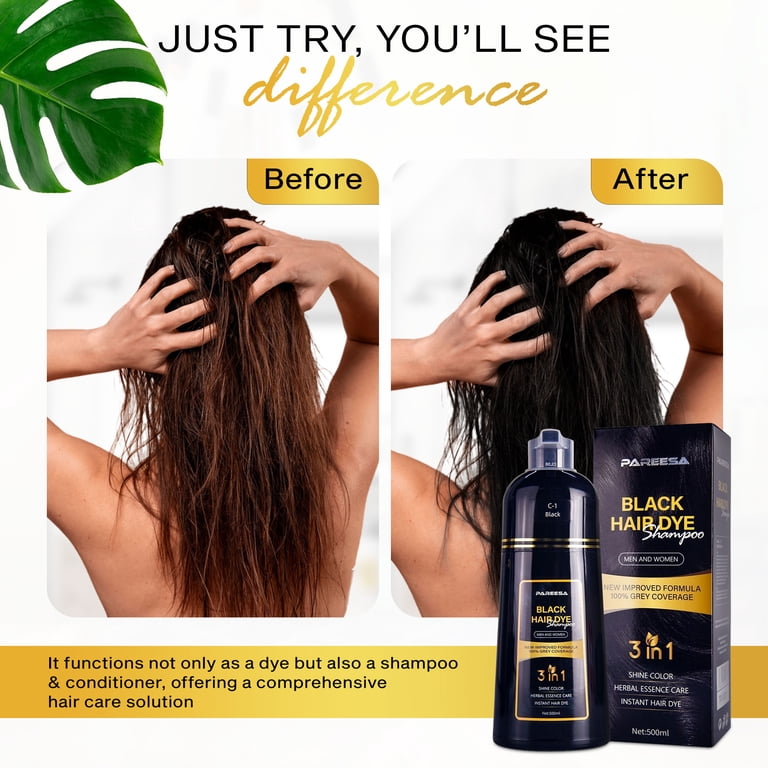 PAREESA Black Hair Dye Shampoo, 3 in 1 Gray Coverage, Safe Formula