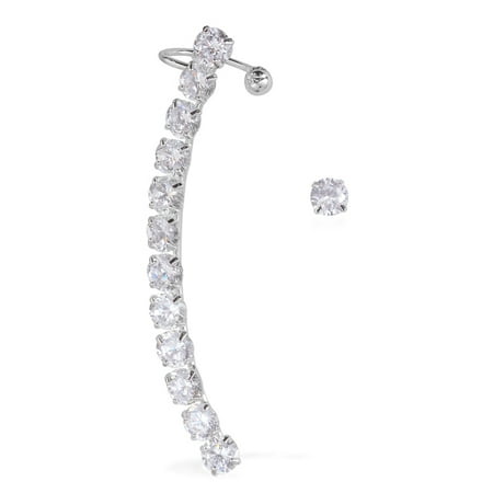 - Austrian Crystal Silvertone Single Stud and Ear Cuff Earrings