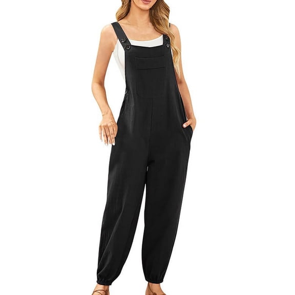 VBARHMQRT Black Rompers for Women Sexy Plus Size Sleeveless Overalls Jumpsuit Casual Solid Summer Bib Pants Bottons Jumpsuit Romper with Button Pockets Womens Romper Dress Long
