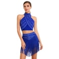 thumbnail image 4 of iiniim Women's Cha Cha Latin Salsa Dance Outfits Sleeveless Ruched Crop Top with Fringe Swing  Skirt Blue L, 4 of 7